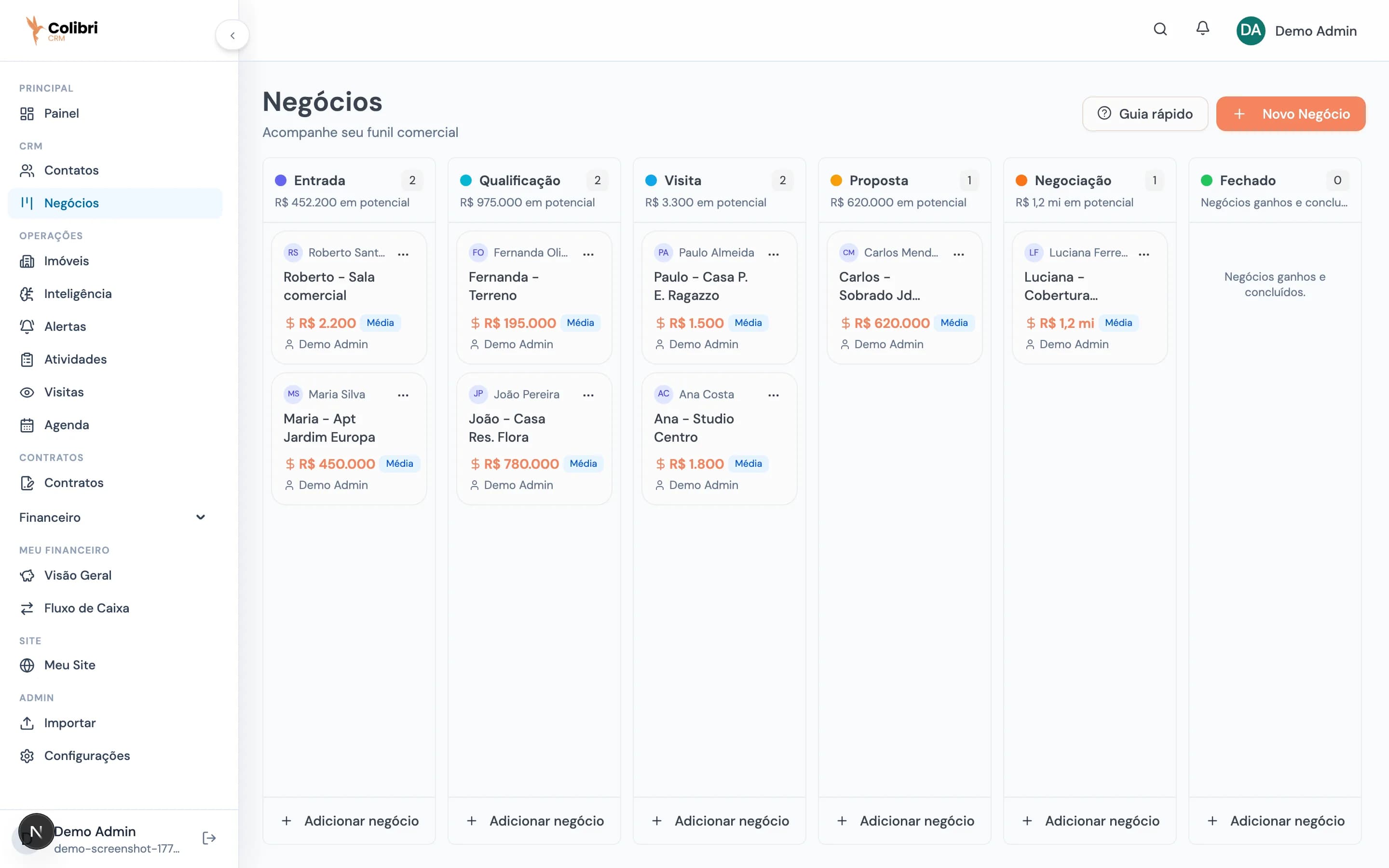 Pipeline CRM imobiliário do ColibriCRM com negócios organizados por etapa