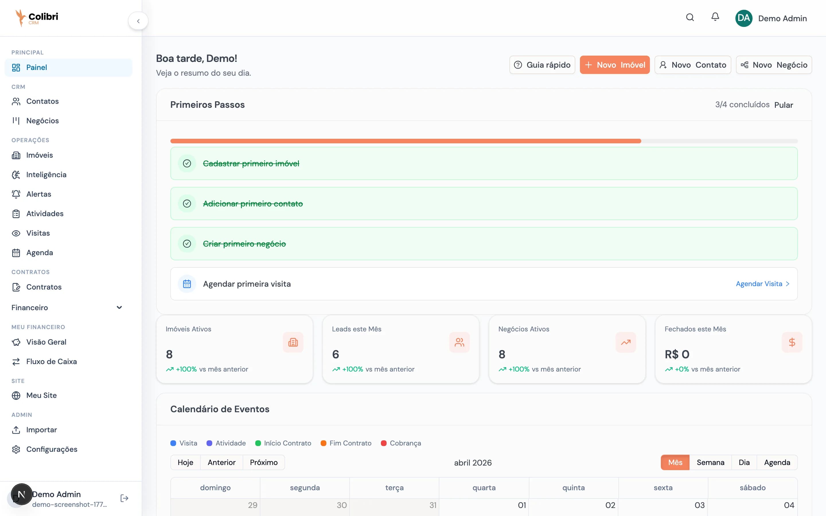 Dashboard do ColibriCRM com indicadores de imóveis, leads e negócios