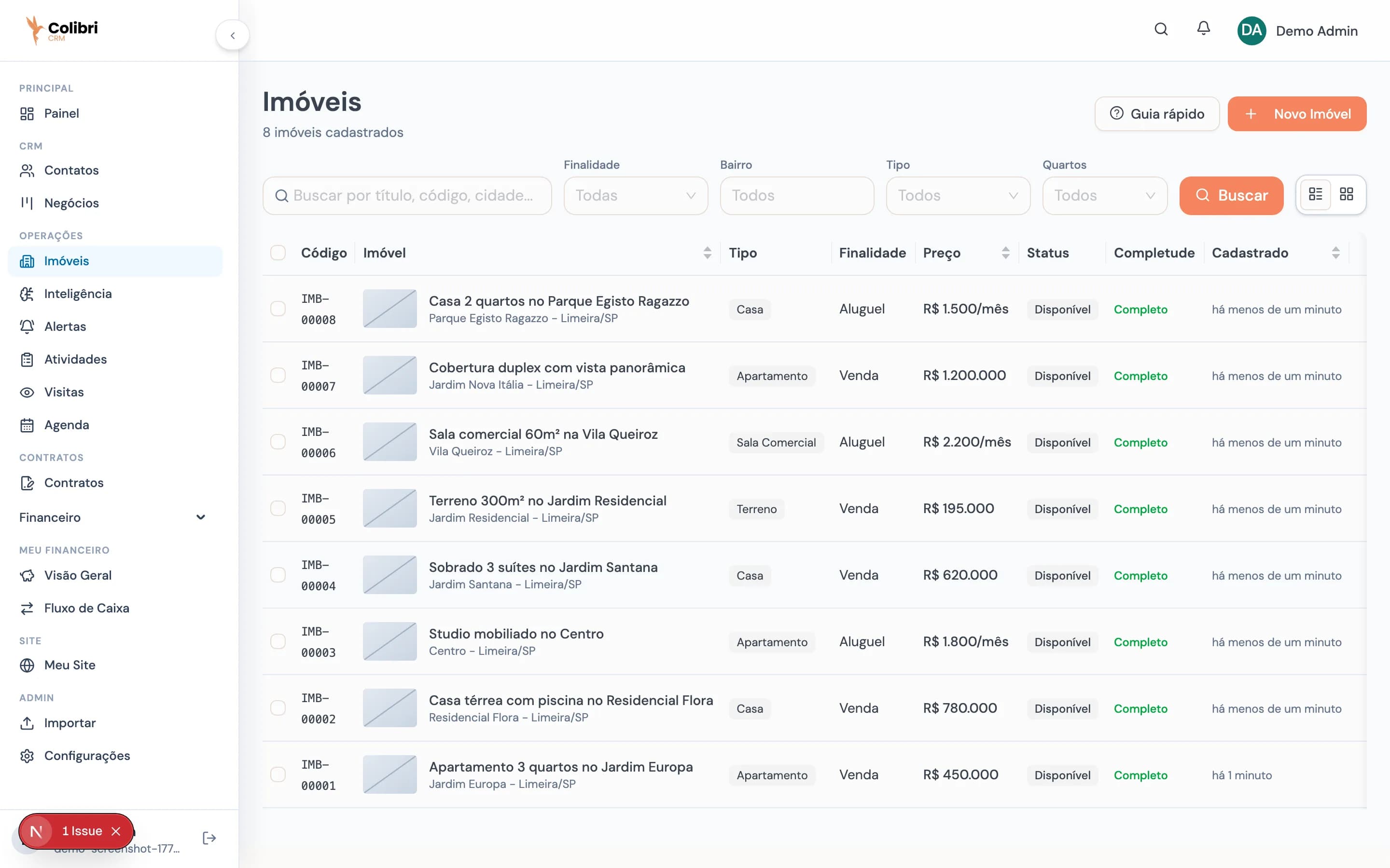 Lista de imóveis cadastrados no sistema