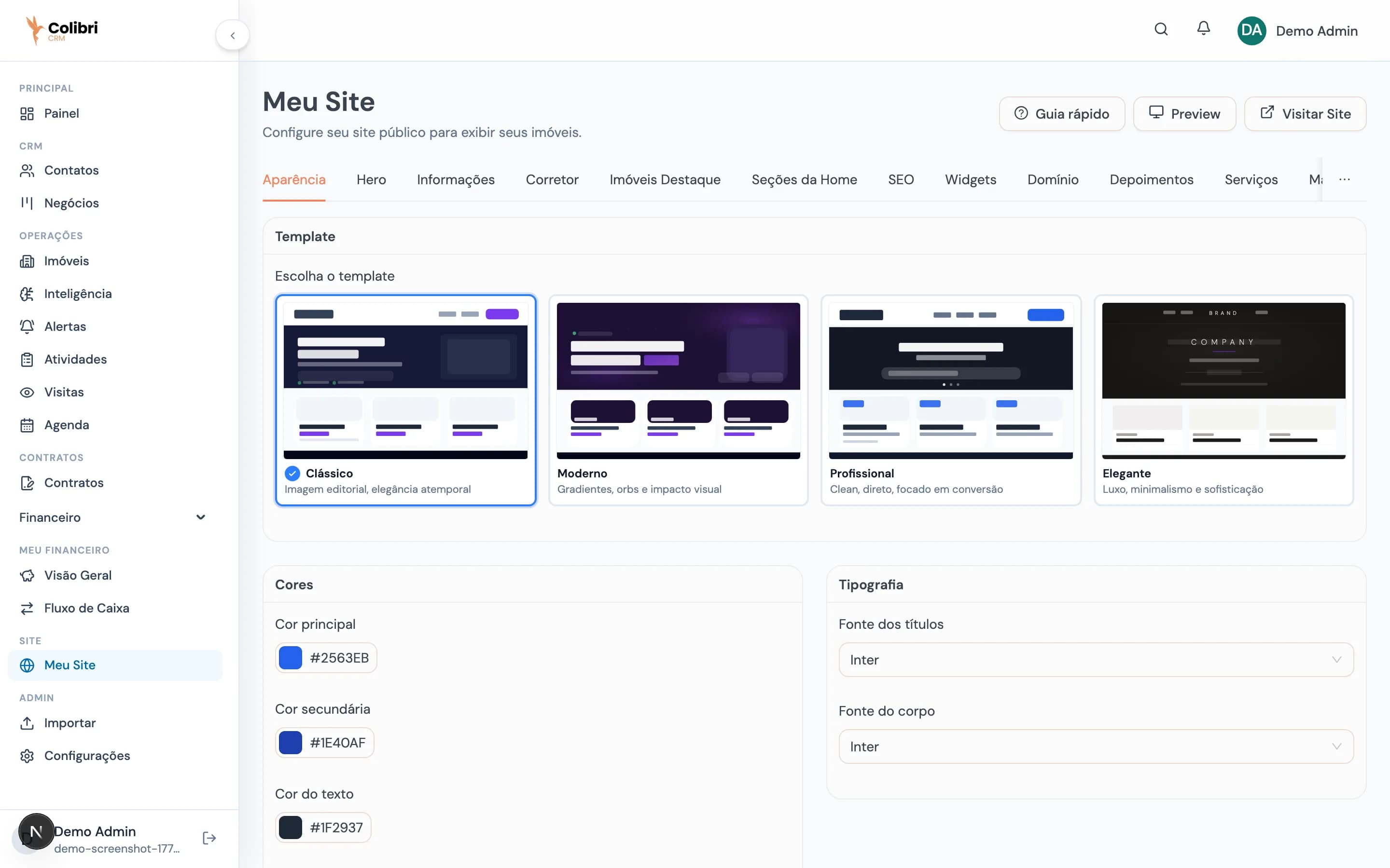 Painel de configuração do site no ColibriCRM com templates, cores e tipografia